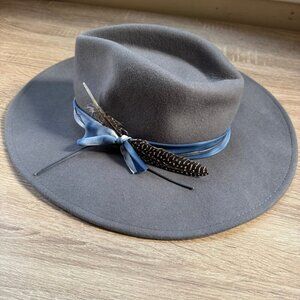 New Wyeth Amelia Wool Felt Hat in Grey Blue Feather Trim